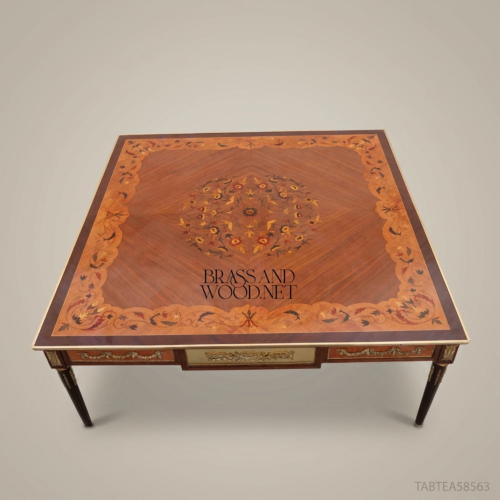 Louis XVI Floral Marquetry Tea Table Ormolu Brass Mounts Ebonised Legs Brass & Wood Front View | Brass & Wood