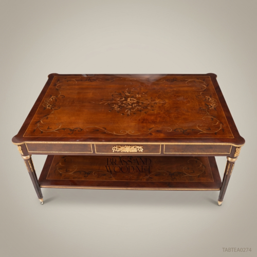 Louis XVI Marquetry Tea Table Ebonised Wood Gilt Bronze Ormolu Mounts Brass and Wood Front View | Brass & Wood