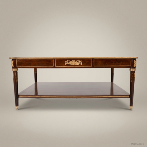 Louis XVI Marquetry Tea Table Ebonised Wood Gilt Bronze Ormolu Mounts Brass and Wood Front View | Brass & Wood