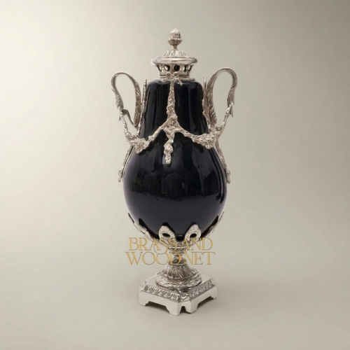 Louis XVI Neoclassical Navy Blue Ceramic Lidded Urn Vase with Swan-Handle Brass Mounts – Brass & Wood Silver Front | Brass & Wood