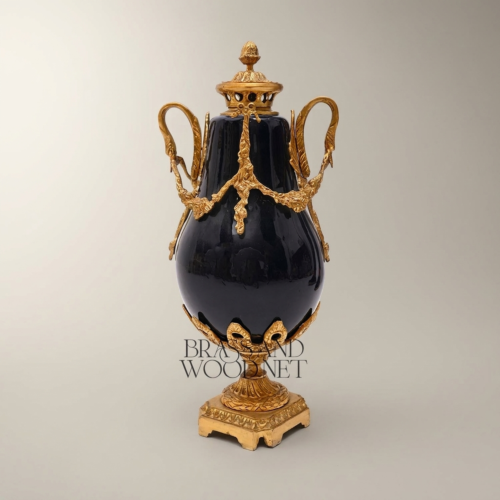 Louis XVI Neoclassical Navy Blue Ceramic Lidded Urn Vase with Swan-Handle Brass Mounts – Brass & Wood Antique Gold Front | Brass & Wood