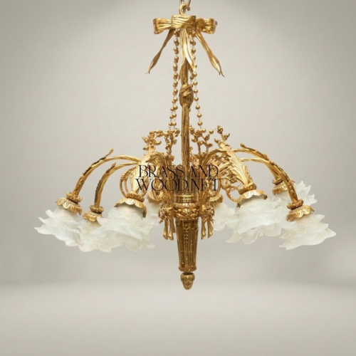 Louis XVI Neoclassical 5-Arm Brass Chandelier Bow Tassel Frosted Petal Glass Shades Brass and Wood Gold Front | Brass & Wood
