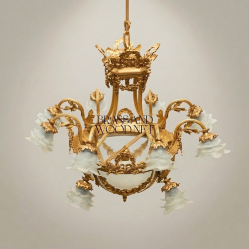Louis XVI Neoclassical Brass Chandelier Frosted Floral Glass Shades Laurel Wreath Bowl Brass and Wood Gold Front | Brass & Wood
