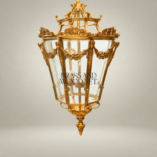 Louis XVI Neoclassical Handcrafted Brass Hanging Lantern Pendant Floral Swag Glass Panels Brass and Wood Gold Front | Brass & Wood