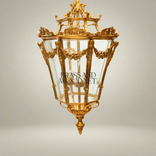 Louis XVI Neoclassical Handcrafted Brass Hanging Lantern Pendant Floral Swag Glass Panels Brass and Wood Gold Front | Brass & Wood