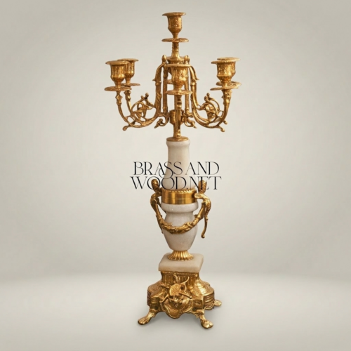 Louis XVI Neoclassical 5-Arm Brass and White Marble Candelabra with Urn Column and Ornate Base Gold Front | Brass & Wood