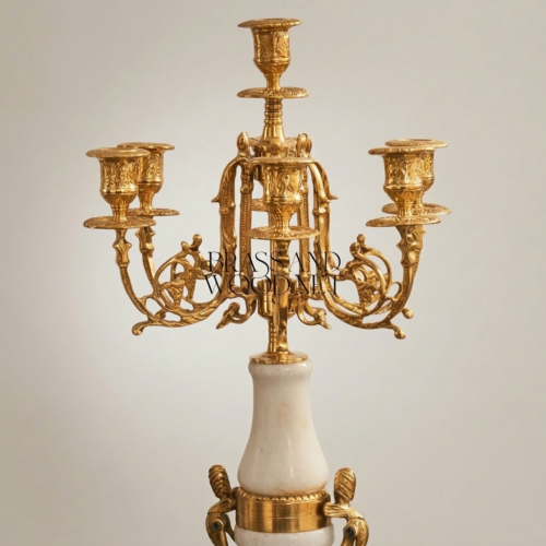 Louis XVI Neoclassical 5-Arm Brass and White Marble Candelabra with Urn Column and Ornate Base Gold Front | Brass & Wood