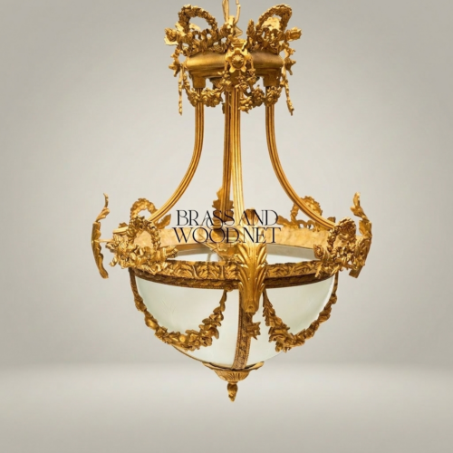 Louis XVI Neoclassical Handcrafted Brass Pendant Lantern Frosted Globe Floral Wreath Crown Brass and Wood Gold Front | Brass & Wood