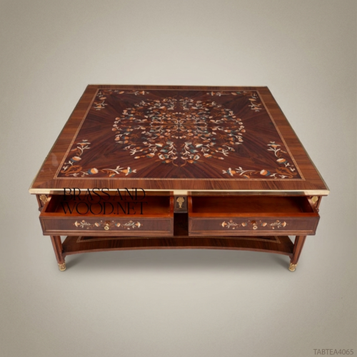 Louis XVI Neoclassical Coffee Table Floral Marquetry Solid Mahogany Antique Brass Mounts Brass & Wood Front View | Brass & Wood