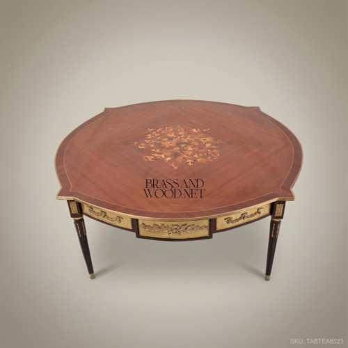 Louis XVI Neoclassical Coffee Table Floral Marquetry Mahogany Gilt Bronze Ormolu Ebonised Legs Brass & Wood Front View | Brass & Wood