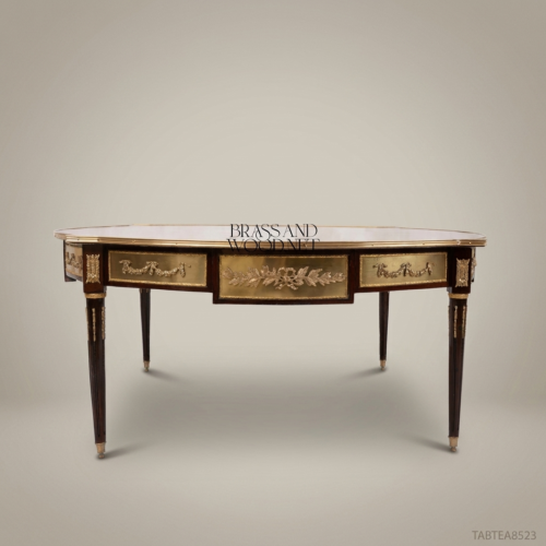 Louis XVI Neoclassical Coffee Table Floral Marquetry Mahogany Gilt Bronze Ormolu Ebonised Legs Brass & Wood Front View | Brass & Wood