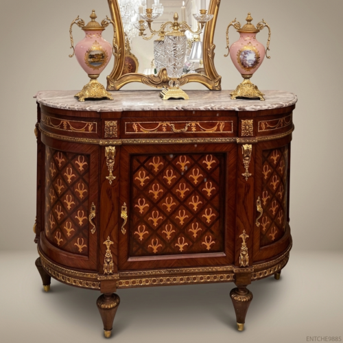 Louis XVI Neoclassical Demi-Lune Commode Fleur-de-Lis Marquetry Pink Marble Gilt Brass Mounts Front View | Brass & Wood