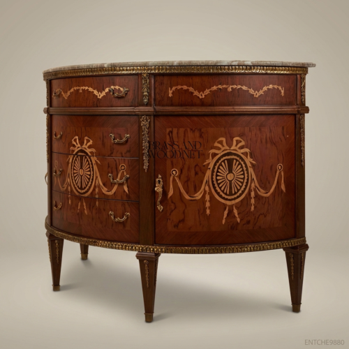 Louis XVI Neoclassical Demi-Lune Commode Medallion Marquetry Swag Inlay Beige Marble Top Antique Gold Brass Mounts Brass and Wood Front View | Brass & Wood