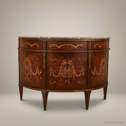 Louis XVI Neoclassical Demi-Lune Commode Medallion Marquetry Swag Inlay Beige Marble Top Antique Gold Brass Mounts Brass and Wood Front View | Brass & Wood