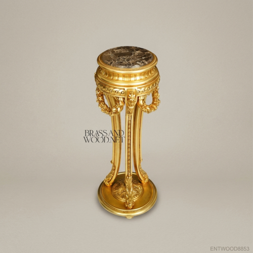 Louis XVI Gilded Neoclassical Pedestal Column Hand-Carved Floral Garlands Marble Top Brass and Wood Front View | Brass & Wood
