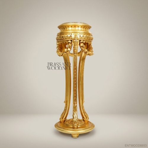 Louis XVI Gilded Neoclassical Pedestal Column Hand-Carved Floral Garlands Marble Top Brass and Wood Front View | Brass & Wood