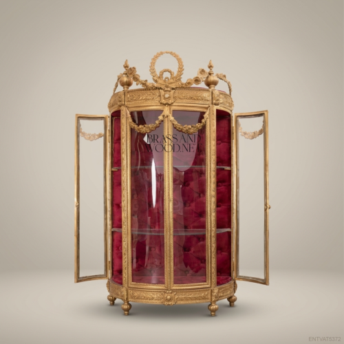 Louis XVI Neoclassical Gilt Vitrine Curved Glass Laurel Wreath Crest Crimson Velvet Interior Brass and Wood Side View | Brass & Wood