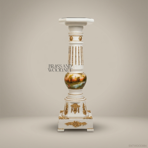 Louis XVI Neoclassical Hand-Painted Column Pedestal Antique White Gilt Mounts Marble Top Brass and Wood Front View | Brass & Wood
