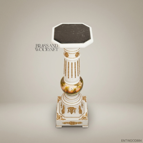 Louis XVI Neoclassical Hand-Painted Column Pedestal Antique White Gilt Mounts Marble Top Brass and Wood Front View | Brass & Wood