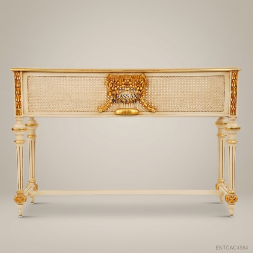 Louis XVI Neoclassical Ivory Gold Jardinière Carved Wood Cane Panels Floral Gilt Mount Floor Standing Front View | Brass & Wood