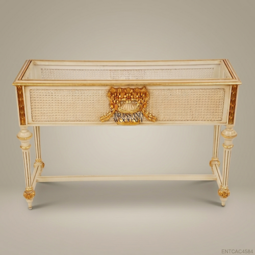Louis XVI Neoclassical Ivory Gold Jardinière Carved Wood Cane Panels Floral Gilt Mount Floor Standing Front View | Brass & Wood