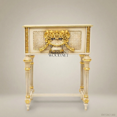 Louis XVI Neoclassical Ivory Gold Plant Stand Lyre Basket Cartouche Cane Weave Panels Brass and Wood Front View | Brass & Wood