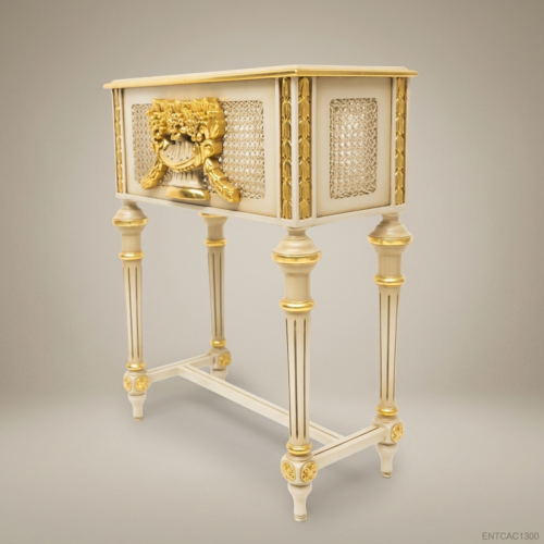 Louis XVI Neoclassical Ivory Gold Plant Stand Lyre Basket Cartouche Cane Weave Panels Brass and Wood Front View | Brass & Wood
