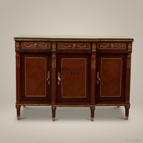 Louis XVI Neoclassical Mahogany Three-Door Buffet Antique Gold Ormolu Swag Mounts Glass Top Brass and Wood Front View | Brass & Wood