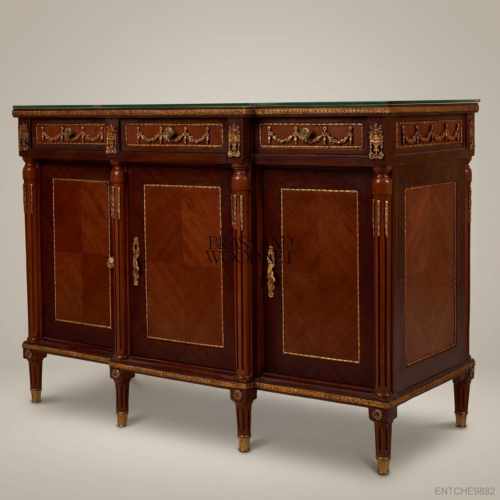 Louis XVI Neoclassical Mahogany Three-Door Buffet Antique Gold Ormolu Swag Mounts Glass Top Brass and Wood Front View | Brass & Wood