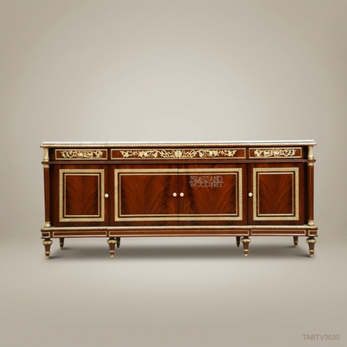 Louis XVI Neoclassical Mahogany TV Console Carrara Marble Top Gilt Bronze Ormolu Mounts Brass and Wood Front View | Brass & Wood