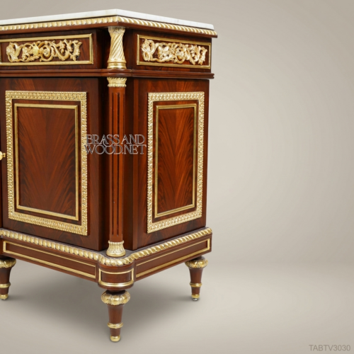 Louis XVI Neoclassical Mahogany TV Console Carrara Marble Top Gilt Bronze Ormolu Mounts Brass and Wood Front View | Brass & Wood