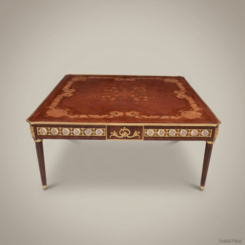 Louis XVI Neoclassical Mahogany Marquetry Coffee Table Gilt Bronze Medallions Ormolu Brass & Wood Front View | Brass & Wood