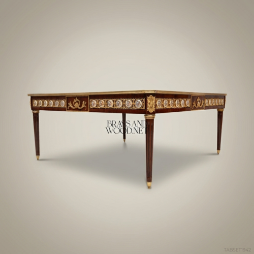 Louis XVI Neoclassical Mahogany Marquetry Coffee Table Gilt Bronze Medallions Ormolu Brass & Wood Front View | Brass & Wood