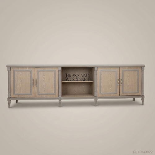 Louis XVI Neoclassical Solid Wood TV Console Four Door Distressed Finish Brass Hardware Brass and Wood Front View | Brass & Wood