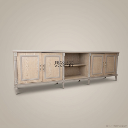 Louis XVI Neoclassical Solid Wood TV Console Four Door Distressed Finish Brass Hardware Brass and Wood Front View | Brass & Wood