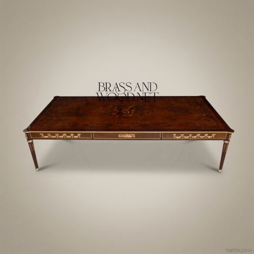 Louis XVI Neoclassical Solid Mahogany Tea Table Sunburst Marquetry Gilt Bronze Ormolu Mounts Brass & Wood Front View | Brass & Wood