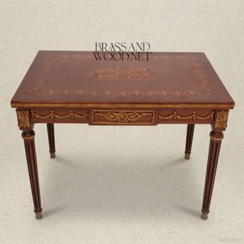Louis XVI Neoclassical Mahogany Tea Table Floral Marquetry Antique Gold Leaf Carvings Fluted Legs Brass & Wood Front View | Brass & Wood