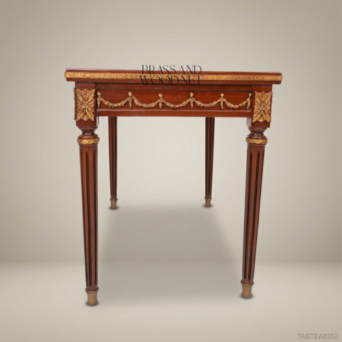 Louis XVI Neoclassical Mahogany Tea Table Floral Marquetry Antique Gold Leaf Carvings Fluted Legs Brass & Wood Front View | Brass & Wood