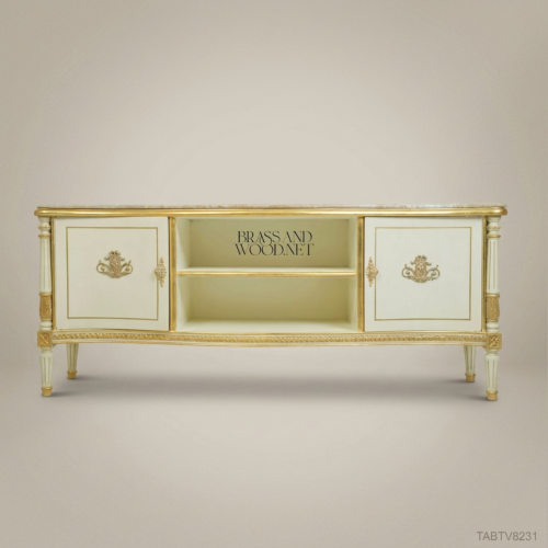 Louis XVI Neoclassical Ivory Lacquer TV Console with Travertine Marble Top and Gilt Cartouche Brass Mounts Front View | Brass & Wood