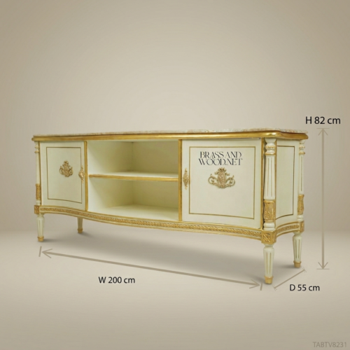 Louis XVI Neoclassical Ivory Lacquer TV Console with Travertine Marble Top and Gilt Cartouche Brass Mounts Front View | Brass & Wood