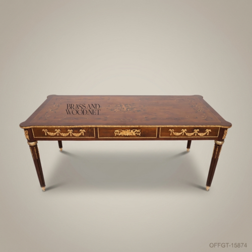 Louis XVI Neoclassical Writing Desk Solid Mahogany Floral Marquetry Gilt Bronze Ormolu Mounts Brass and Wood Front View | Brass & Wood