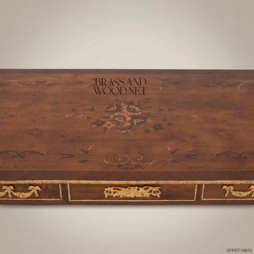 Louis XVI Neoclassical Writing Desk Solid Mahogany Floral Marquetry Gilt Bronze Ormolu Mounts Brass and Wood Front View | Brass & Wood