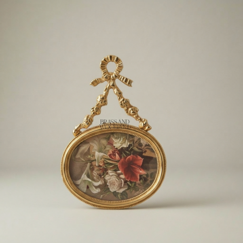 Louis XVI Oval Brass Picture Frame with Bow & Floral Garland Crest - Gold