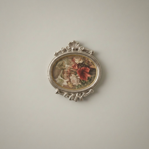 Louis XVI Oval Brass Picture Frame with Bow & Floral Garland Crest - Silver