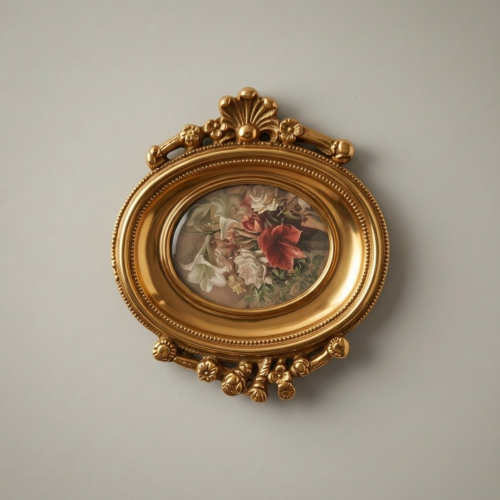 Louis XVI Oval Brass Picture Frame with Bow & Floral Garland Crest - Gold