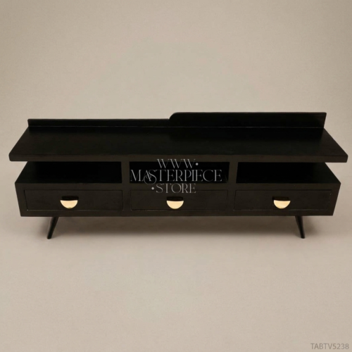 Mid-Century Modern Black Lacquered Solid Wood TV Console Three Drawers Gold Brass D-Pull Handles Splayed Legs Front View | Brass & Wood