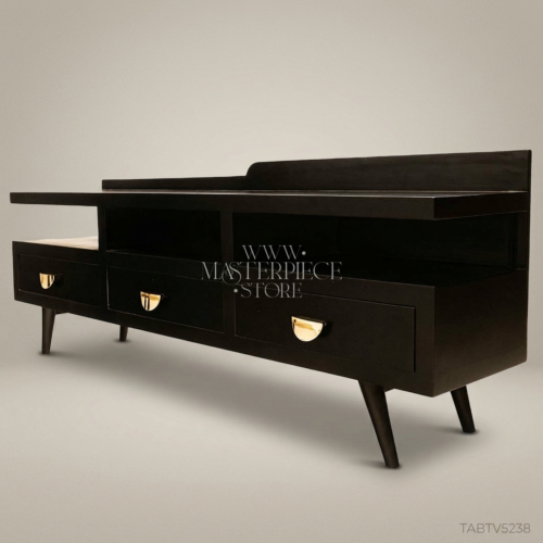 Mid-Century Modern Black Lacquered Solid Wood TV Console Three Drawers Gold Brass D-Pull Handles Splayed Legs Front View | Brass & Wood