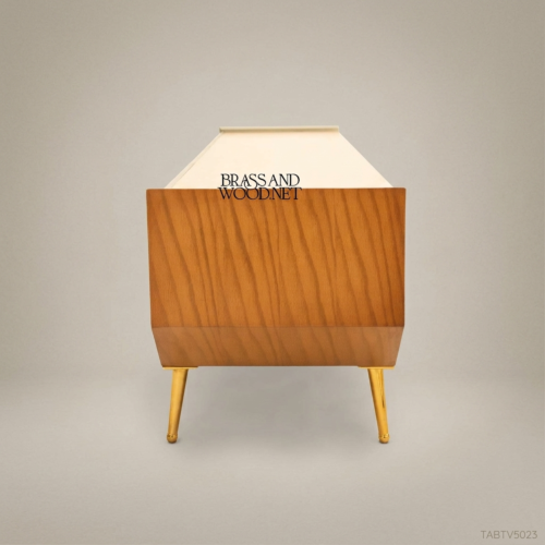 Mid-Century Modern TV Console Diamond Carved Taupe Facade Honey Oak Top Gold Brass Legs Brass and Wood Front View | Brass & Wood