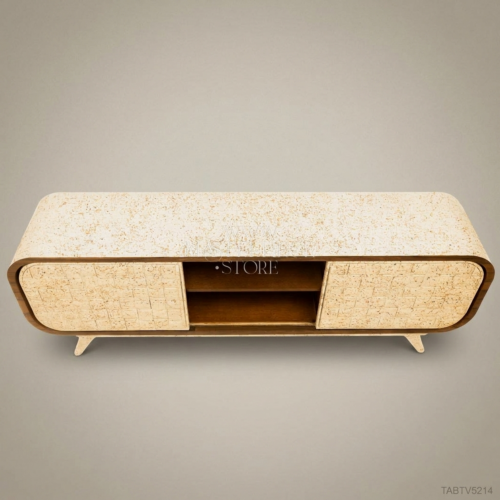 Mid-Century Modern TV Unit Travertine Clad Sliding Doors Rounded Walnut Frame Brass and Wood Front View | Brass & Wood