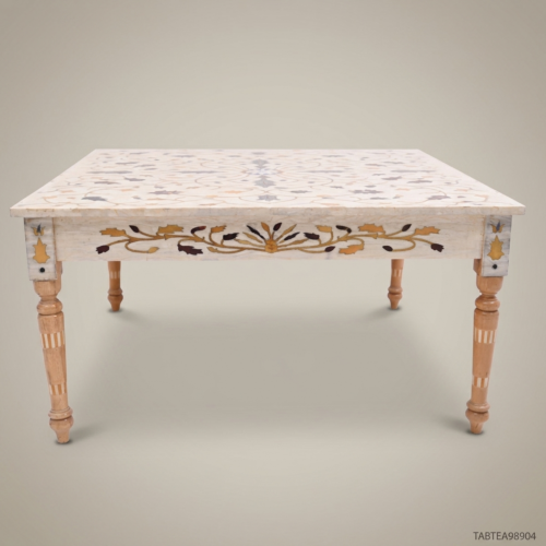 Mughal Pietra Dura White Marble Inlay Tea Table Carved Wood Legs Brass & Wood Front View | Brass & Wood